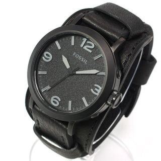 New Fossil Mens Black Leather Strap Watch w Black Dial