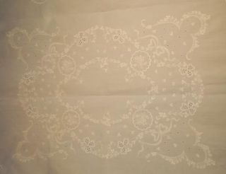  Handmade Italian Fine White Work Embroidered Linen Tablecloth