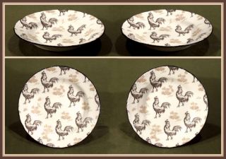 PORCELAIN BROWN & WHITE FRENCH COUNTRY TOILE ROOSTER CEREAL BOWLS