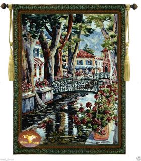 FRENCH VILLAGE JACQUARD WOVEN WALL HANGING TAPESTRY flowers bridge