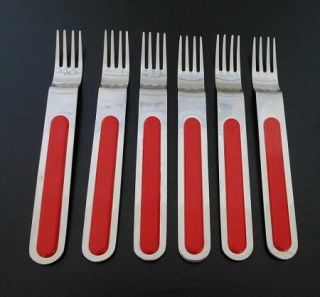  Retro Flatware Stainless Steel Dinner Forks w Red Handle Italy