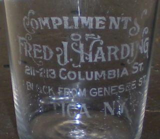 Early 1900s Etched Shot Glass Fred J Harding 211 213 Columbia St Utica