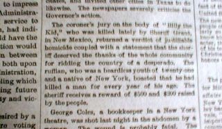 1881 Newspaper New Mexico Outlaw Billy The Kid Shot Dead by Sheriff