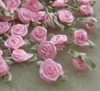 100pcs Ribbon Flowers Rose Appliques Wedding Pink A428