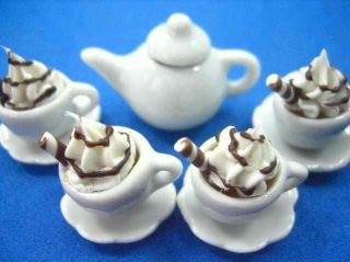 Dollhouse Miniature Food Drink Beverage 4 Hot Chocolate Cups 1 Pot