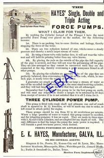 1890 Hayes Cylinder Force Water Well Pump Ad Galva IL