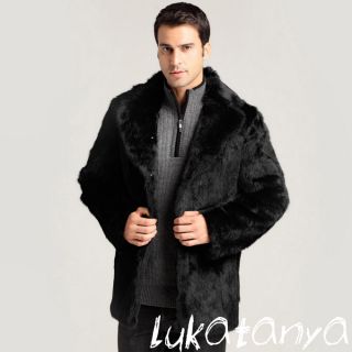 100% Real Genuine Mens Rabbit Fur with Raccoon Fur Collar Coat