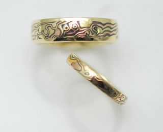 Tri Colored Etched Mokume Gane Wedding Ring Set