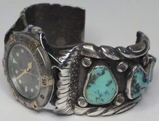  OLD PAWN NAVAJO SIGNED STERLING TURQUOISE WATCH BAND W/FREESTYLE WATCH