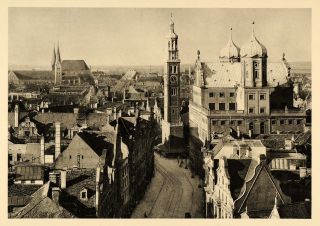 1934 Augsburg Town Hall Cathedral Rathaus Dom Germany Original
