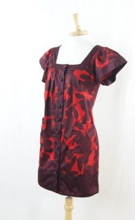 French Connection Red, Wine Floral Square Neck Shift Dress Size 4