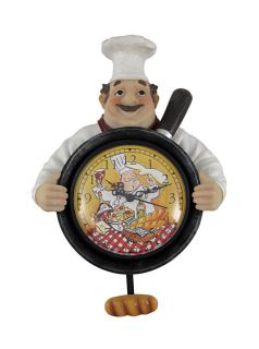 Cuisine Time` Chef with Frying Pan Wall Clock with Pendulum