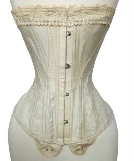 Antique Coutil Corset with Tabs for Garters Insertion Lace Trim Lacing