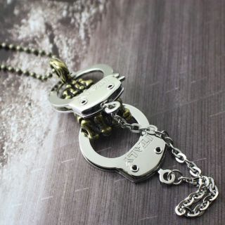 Skeleton hand holding handcuff G pendant 26 ball chain necklace