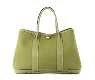 Hermes Garden Party TPM Canvas Leather Green Tote Bag