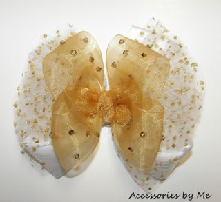  Pageant Glitzy Gold White Sheer Tulle~Girls Fancy Party Hair Bow Clip