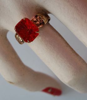 Vintage Antique Jewelry Girls Toy Ring Adjustable Red Rhinestone Glass