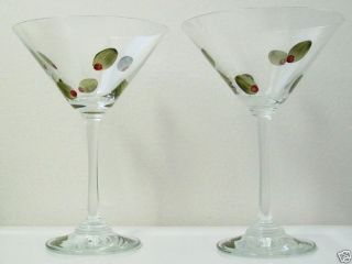 Hand Painted Olive Motif Martini Glasses Pair RARE