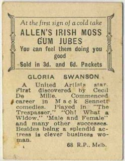 GLORIA SWANSON Vintage 1933 ALLENS FILM STARS Trading Card #68   Movie