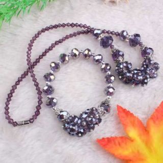 Purple AB Crystal Glass Bead Bracelet Necklace Set