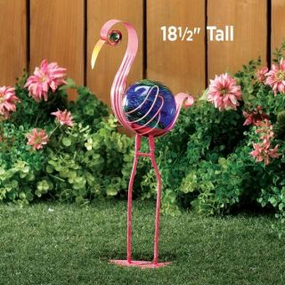  & PINK ART GLASS Gazing ball Flamingo Garden Stake yard Statue Pair