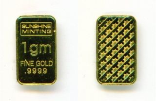 Gold Sunshine Minting 1 Gram 9999 Gold Bar