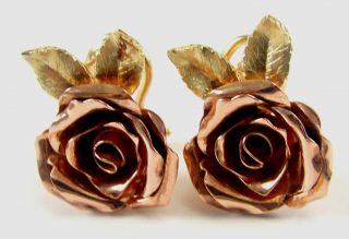 14K Earrings Pierced Two Toned Gold Omega Back Flower Motif Rose