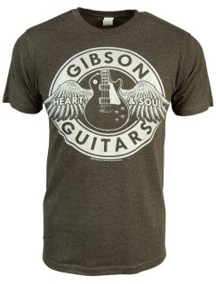 Mens Gibson Les Guitar Paul Heart and Soul Grey T Shirt New