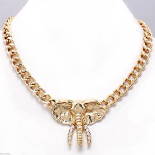 Chunky Gold Tone Chain Elephant Crystals Statement Necklace
