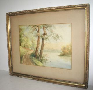 Antique Watercolor Lake Landscape Painting R E Graf