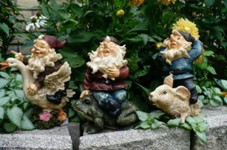 Three 7 inch Gnomes Riding on Animals Frog Bunny GOOSE