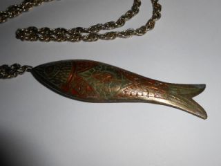 Vintage Jewelry Huge Gold Tone Fish Pendant Necklace Enameled Etched