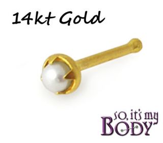 14k Solid Gold Genuine Pearl Nose Bone Stud Ring 20g