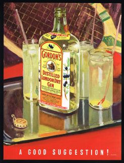 1935 Gordons London Dry Gin Bottle Tennis Racket Vintage Print Ad