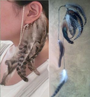BOHO HIPSTER HIPPIE LONG GRIZZLY FEATHER EAR CUFF EAR WRAP DANGLE