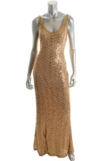 Ralph Lauren New Modern Glamour Gold Sequined Mesh V Neck Formal Dress