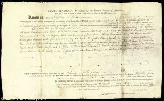 James Madison Land Grant Signed 05 30 1811 Co Signed by James Monroe