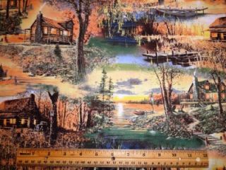  Fall Autumn Woods Trees Cabin Lodge Grass Nature Boat Lake Fabric BTY