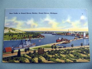 Boat Harbor Grand Haven Michigan MI Vintage Linen Postcard