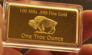  ounce GOLD BUFFALO BAR 100 Mills .999 24k Gold Layered NEW bar bullion
