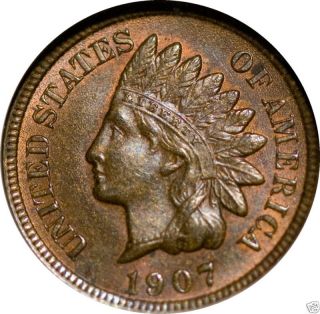 1907 1c Indian Head Small Cent Gem BU Brown Some Red