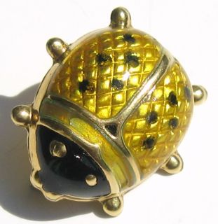  18K Karat Gold Adorable Black Yellow Enamel Lady Bug Pin Brooch