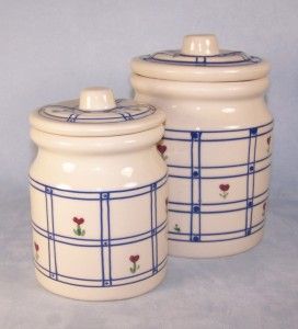 Canisters Hartstone Pottery Artisan Blue Red Hearts Country Kitchen