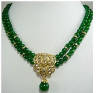 Wonderful 2row Green Jade Flower Shape Pendant Necklace