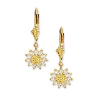 Jewelryweb 14k Yellow Gold CZ Sunflower Drop Leverback Earrings