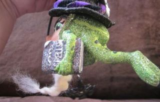  Frog Ornament That Is A Wizard Skull Candle on Hat Black Cat