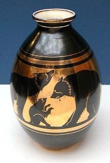 inch BOCH FRERES KERAMIS Art Deco Black & Gold  BEARS   Vase c.1925 39