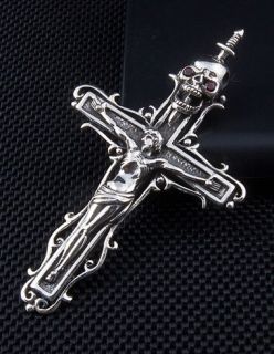 Jesus Cross Crucifix Gothic Skull Sterling Silver Mens Pendant Chain