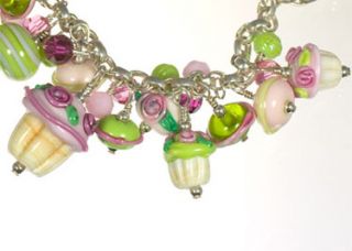 Pink Lime Green Cupcake Present Celebration Bracelet Packed with Glass