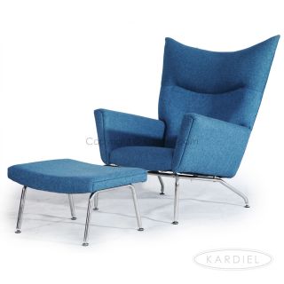 Hans J Wegner Style Wing Chair & Ottoman, Azure Houndstooth Twill